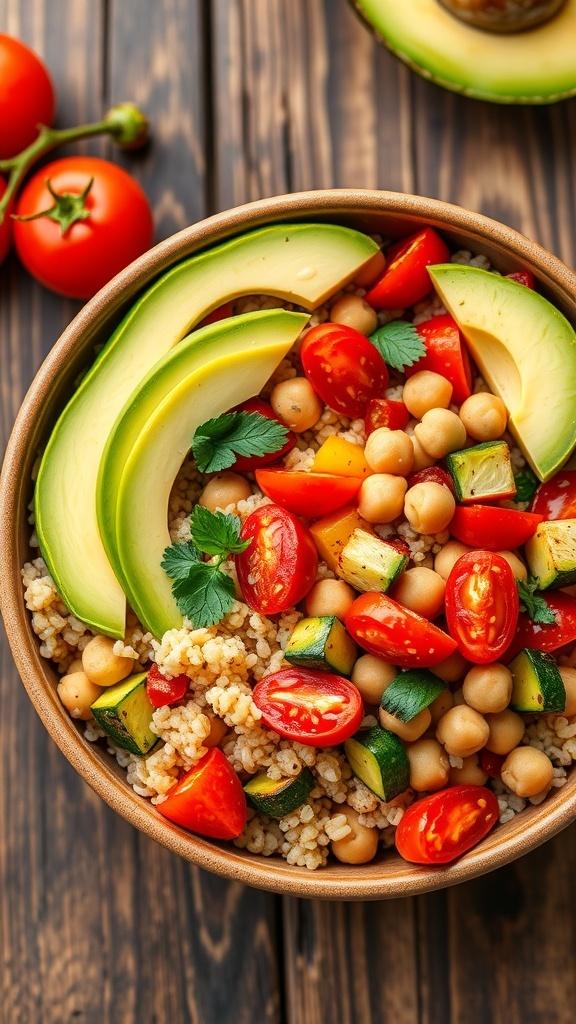 A colorful vegan quinoa bowl with roasted vegetables and chickpeas, garnished with avocado and herbs.